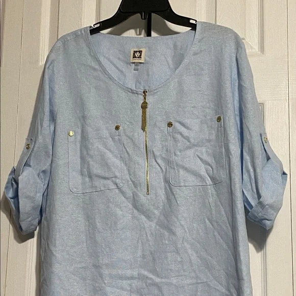 Anne Klein blue linen blend tunic top shirt blouse size LARGE - Picture 3 of 13